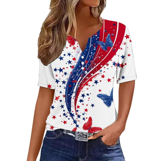 Tops de Manga Corta de Algodón para las Mujeres Impreso Cuello Redondo Blusa Imitación Estante de Algodón, Moda Casual Top para el Hogar Diario Y el Trabajo