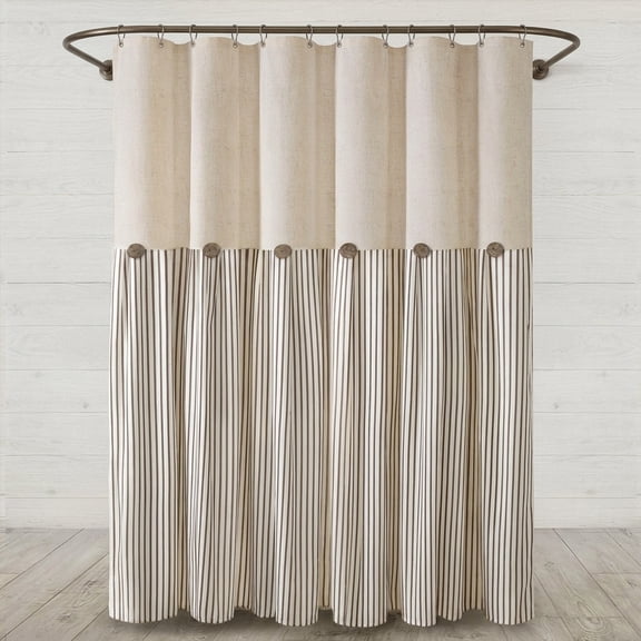 Button-brown Stripe 72"W x 72"L Farmhouse Linen Blend Shower Curtain