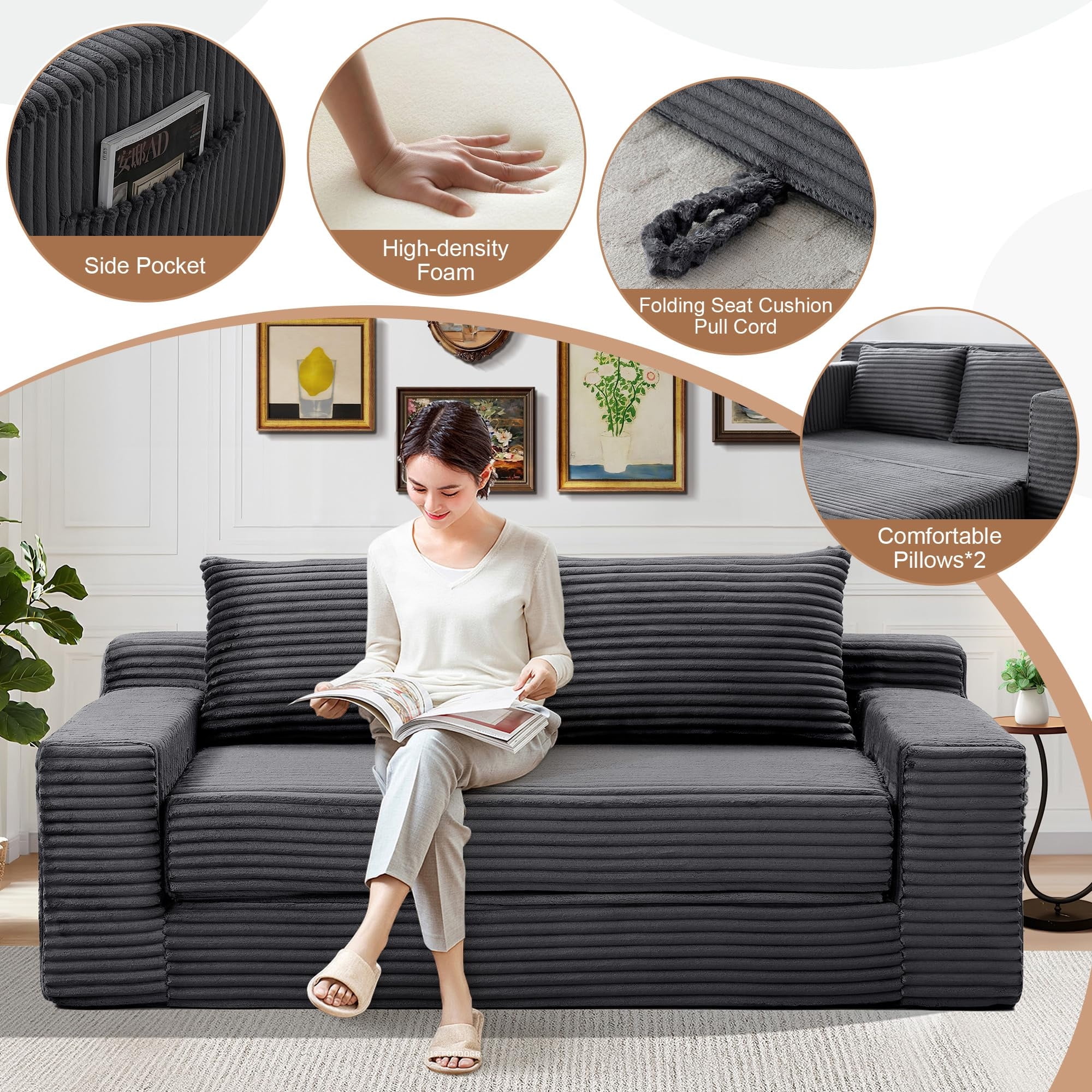 Aukfa 73" Chaise Futon Convertible Sofa Bed Boneless Couch, 2 Pillows&Side Pockets, Queen Size, Corduroy, Gray