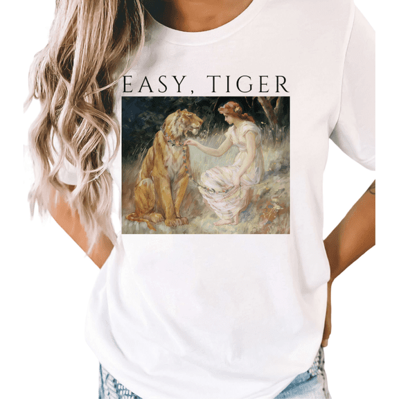 White S-5XL Easy Tiger Print Tshirts Vintage Art Tiger Graphic Tee Tops