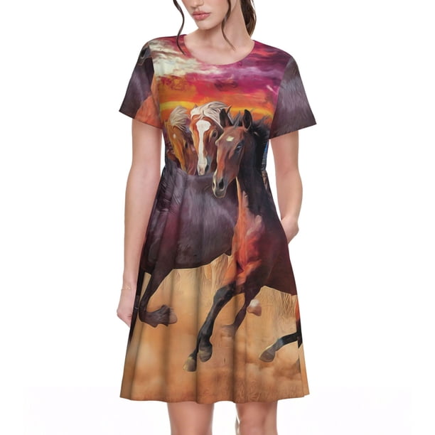 Balery a herd of horses Vestidos sueltos de manga corta para mujer, vestidos de verano 2025, vestidos casuales de corte A con vuelo.