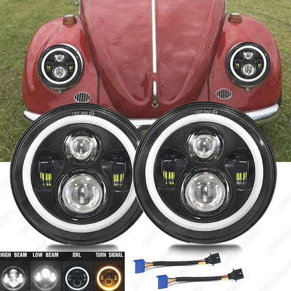 7" Inch Round LED Headlight Projector Halo Angle Eyes for VW Beetle 1967-1979