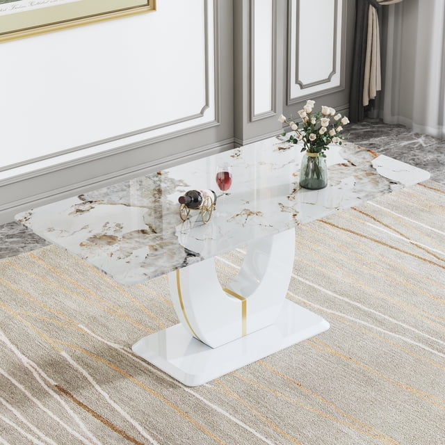 Noble House Modern Minimalist Glass Dining Table,White Imitation Marble Pattern,White