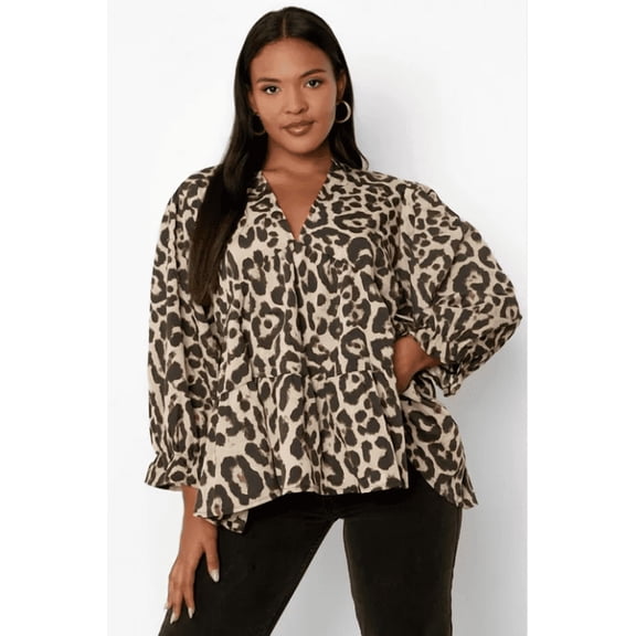 Plus Size Women Leopard Print Tunic Top V Neck Loose Lantern Long Sleeve Ruffle Peplum Hem Oversized Casual Blouse
