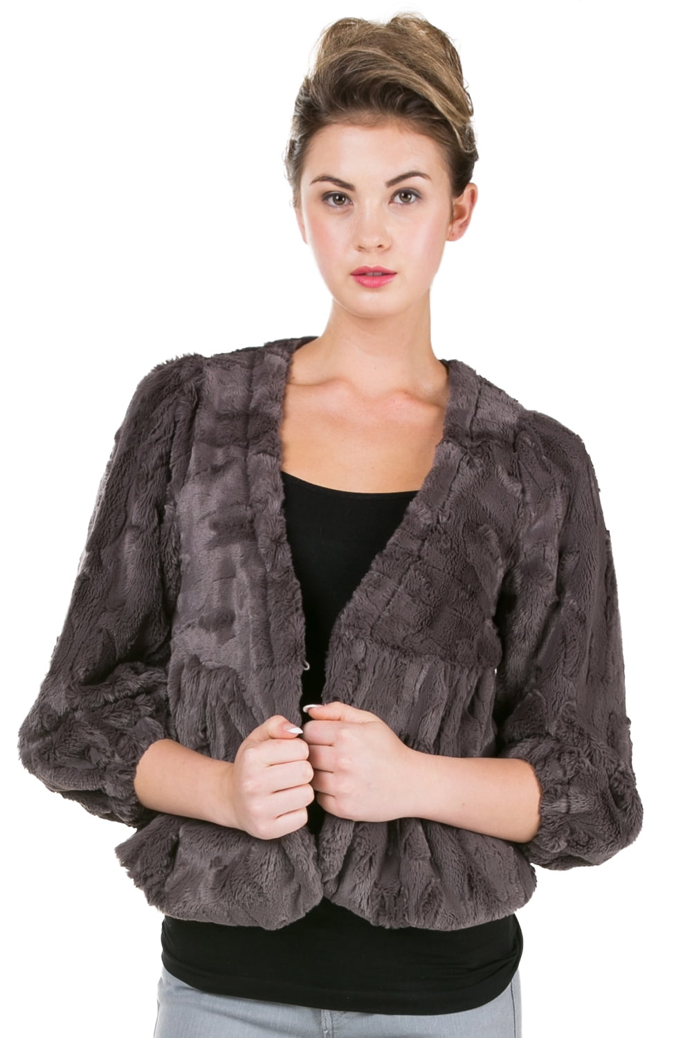 Women Faux Fur Quarter Sleeve One Button V Neck Jacket (CHARCOAL GREY ...