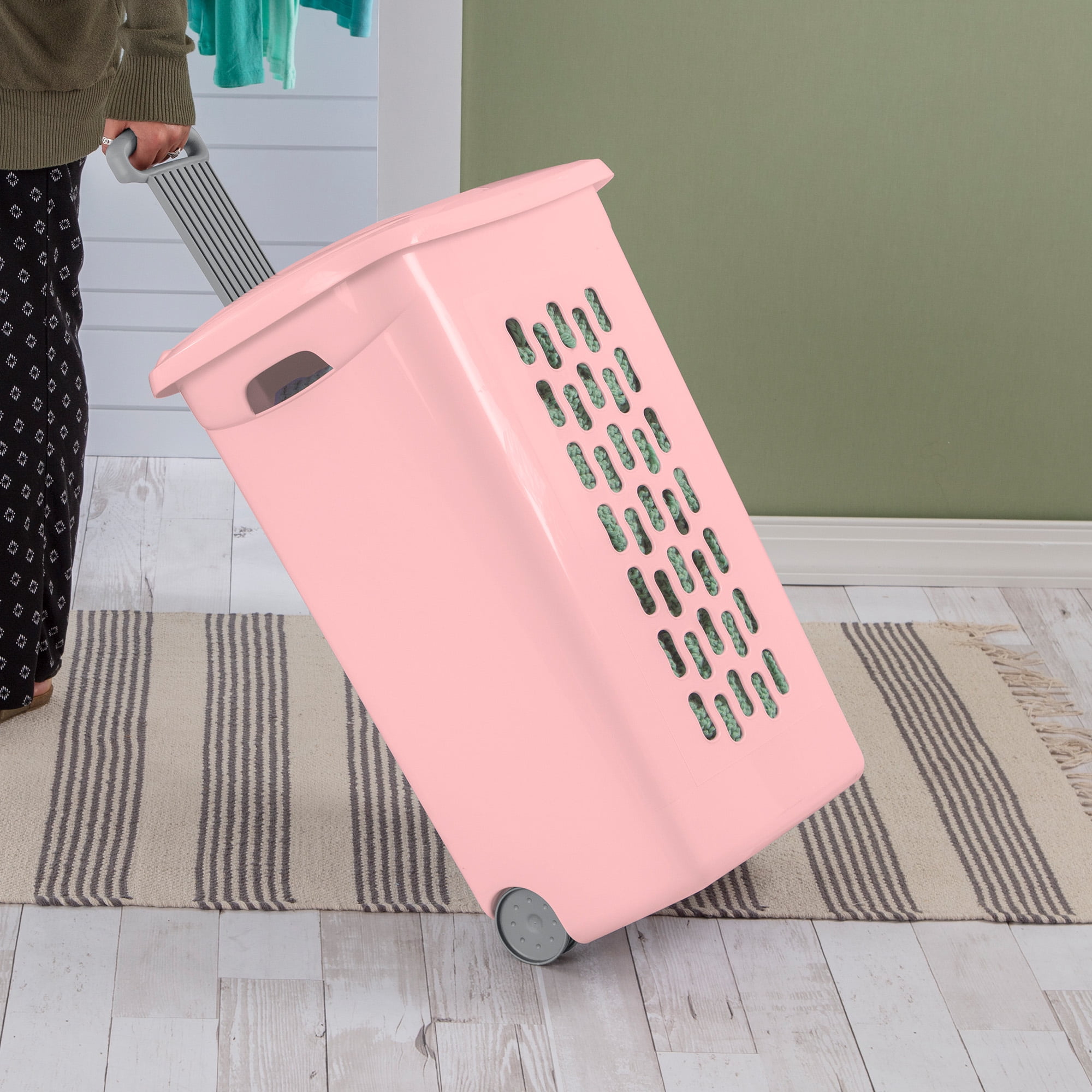 Sterilite Ultra Wheeled Hamper, Laundry Basket with Lid and Handle, Pink Frost, 3 Pack