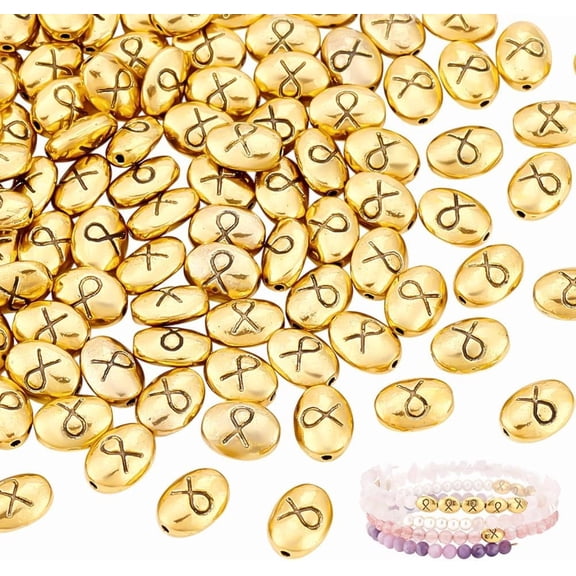 PH Ribbon Beads for Bracelet Oval Spacer Beads Cancer Awareness Ribbon Bead Alloy Metal Charms for Jewelry Making Gold