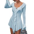 thumbnail image 3 of Women'S Long Sleeve V-Neck Dress Off Shoulder Ruffle Tiered Flowy Bodycon Mini Dresses Blue S, 3 of 7