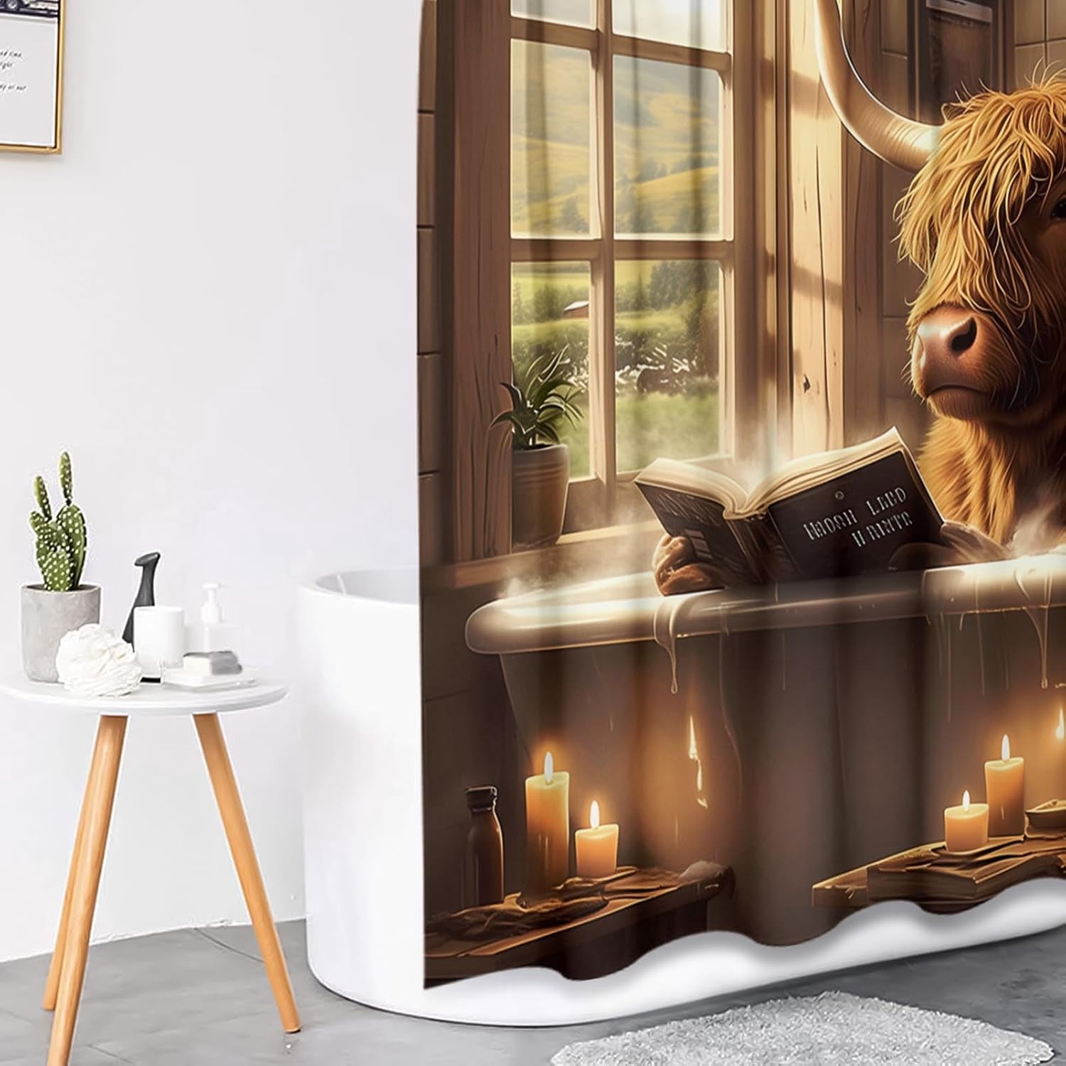 Highland Cow Sunflower Leopard Vintage Shower Curtain Sets with Toilet Lid Cover and Non-Slip Rugs, 4 Pcs Shower Curtain with 12 Hooks, Farmhouse Bathroom Set with Rugs and Accessories
