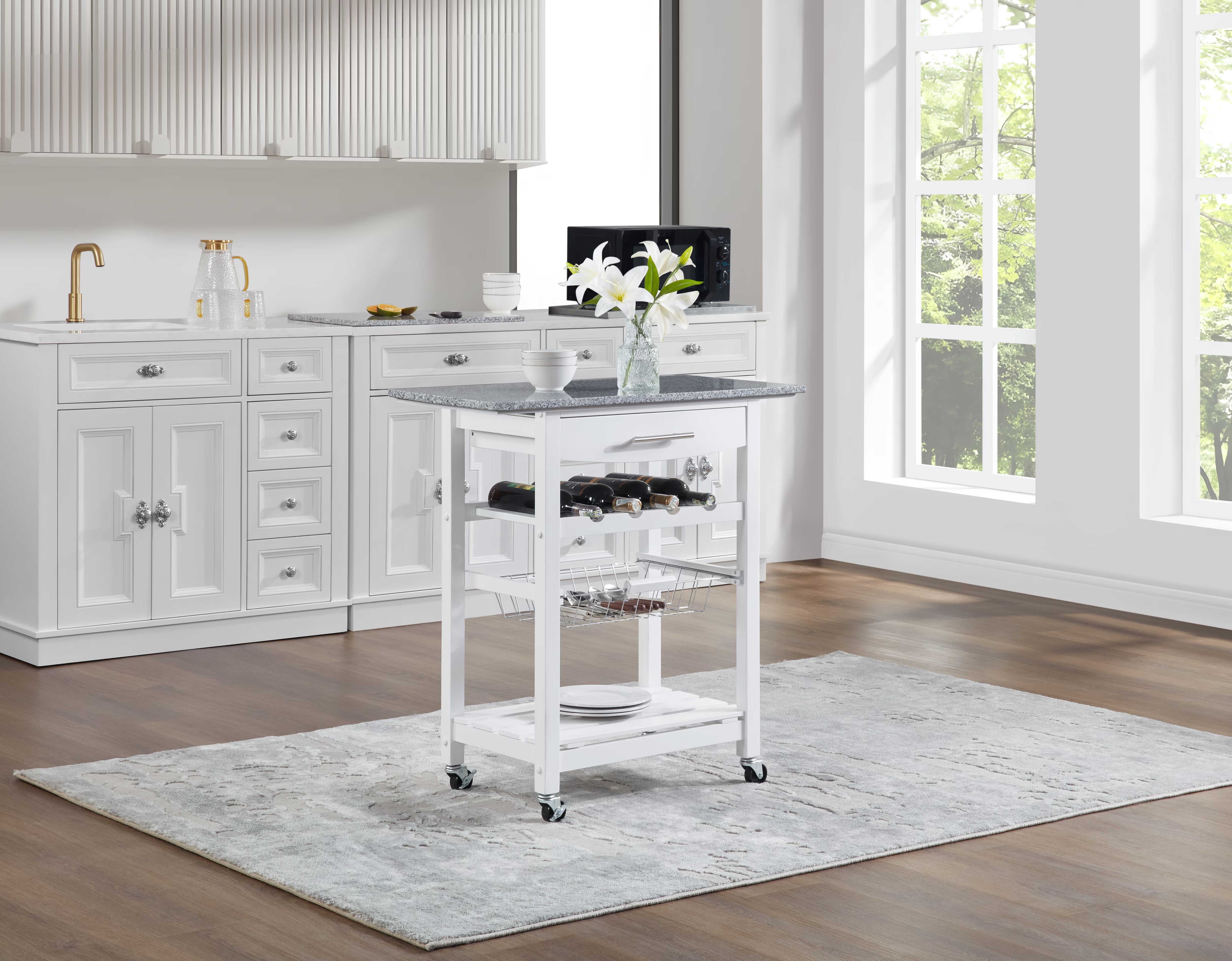 Avobird Kitchen Island Cart, Mobile Kitchen Cart with 30inch Marble Countertop/Underneath Drawer/Slide-Out Wire Storage Basket, White