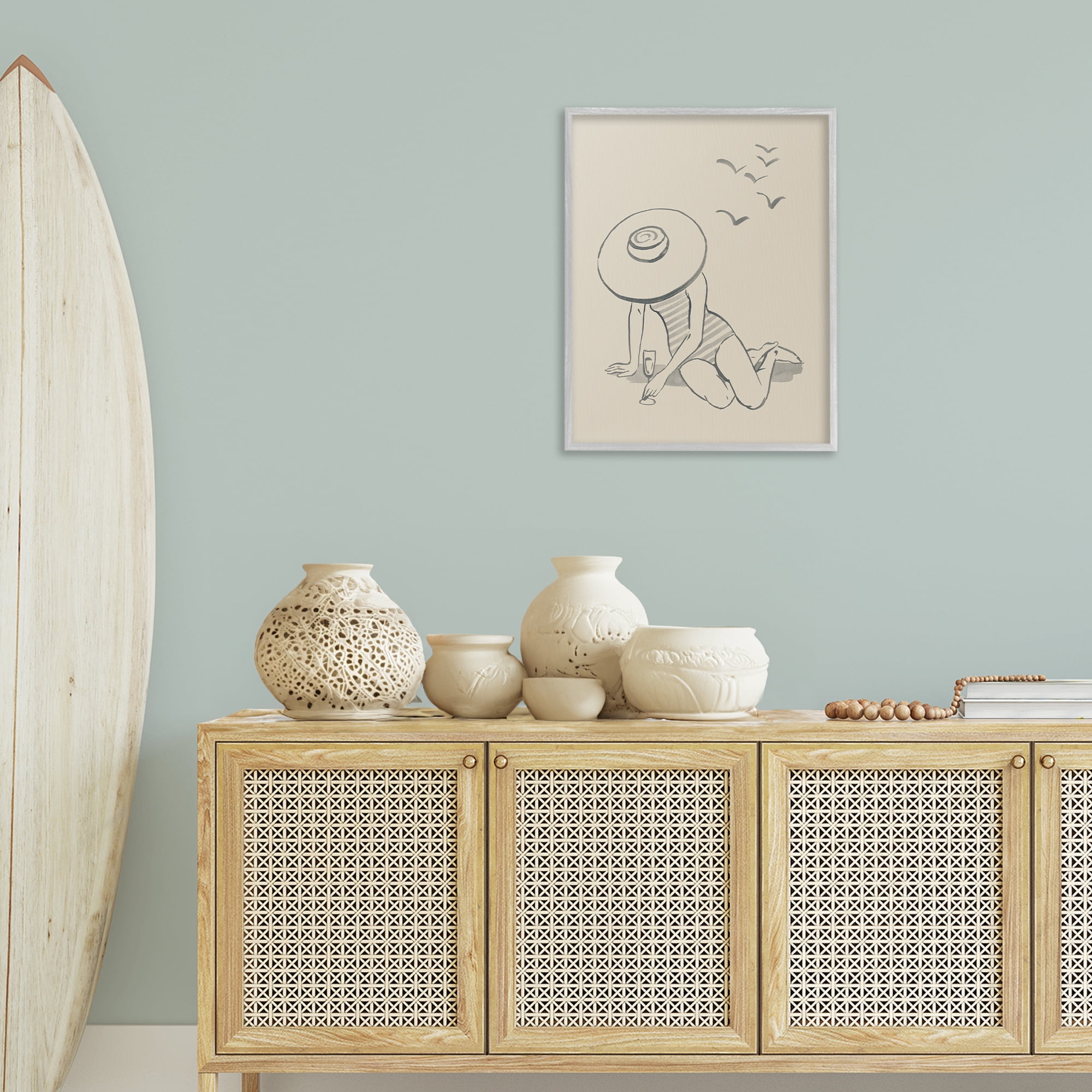 Stupell Industries Girl on Beach Sketch Novelty Drawing Gray Framed Art Print Wall Art, 24 x 30