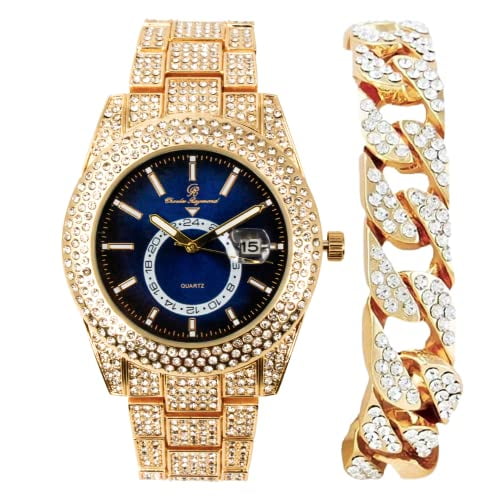 Charles Raymond Minimalist Designer Iced Out Watch with Date Window on dial A Hip Hop Clone Conspiracy Timepiece to Become a King of Bling - ST10328A (ST10328A Gld-Blk-Blu-CB)