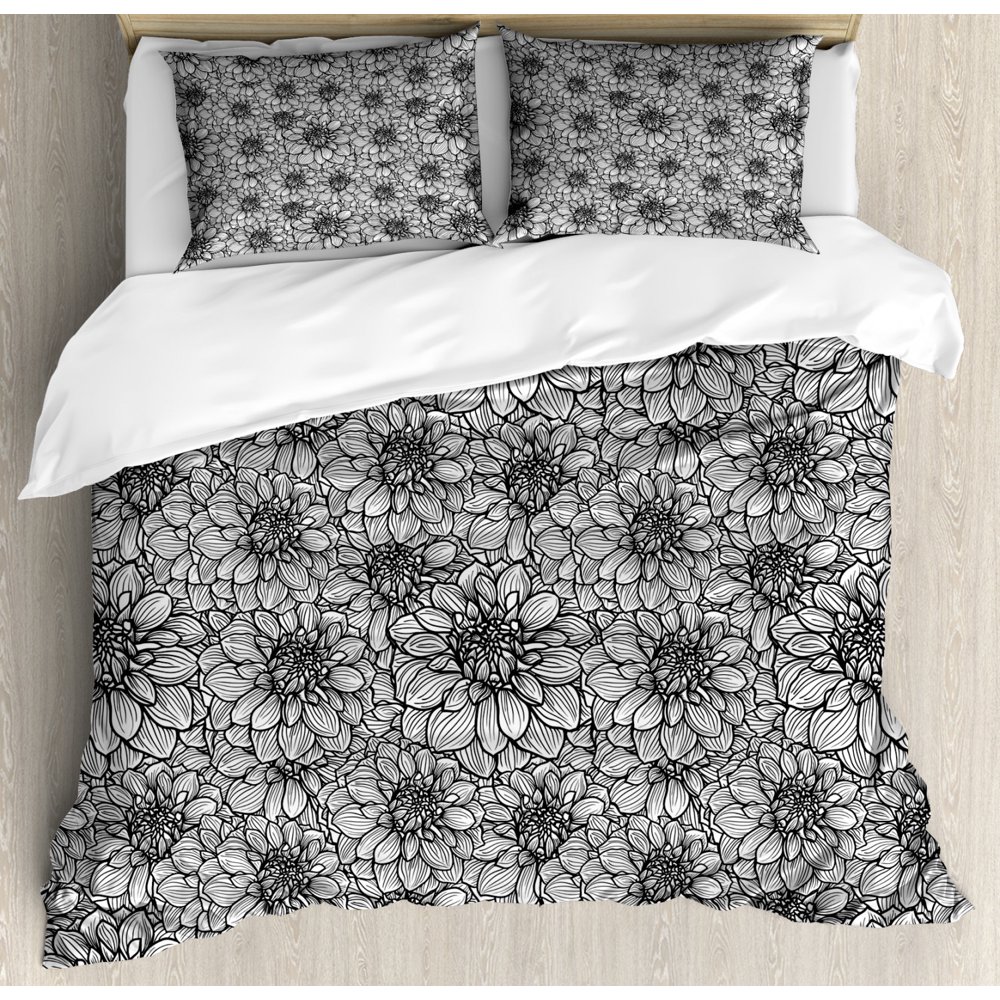 Black and White King Size Duvet Cover Set, Botanical Gardening Plants