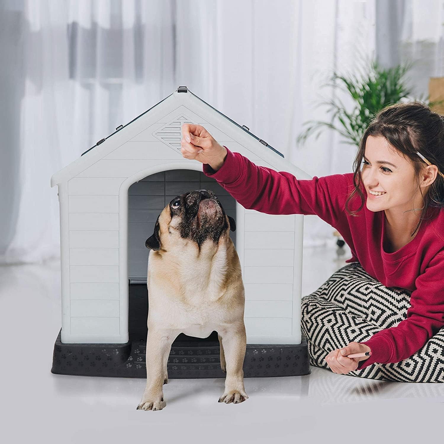 ZYPPP Large Plastic Dog House, Outdoor Indoor Waterproof Doghouse Pet Dog Kennel,Insulated Puppy Shelter w Elevated Floor and Air Vents, for Small Medium Large Dogs-28" H-Blue