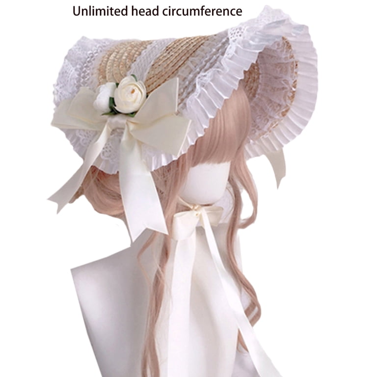 ✪ Lolita Flat Top Hat Ruffle Lace Headwear Elegant Flower Straw