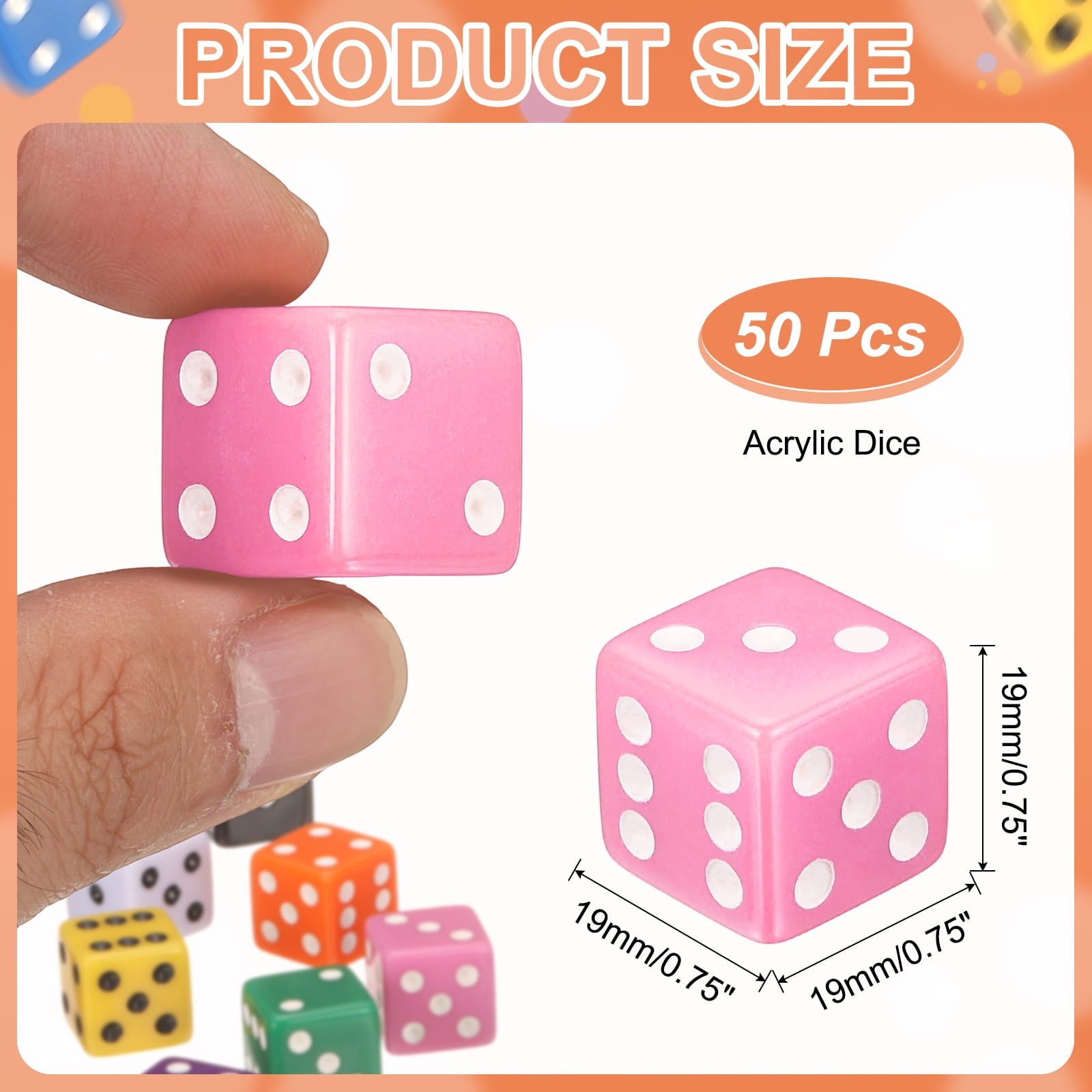 50Pack 6 Sided Acrylic Dice, 19mm/0.75" Large D6 Opaque Game Dice Bulk for Table Board Games Birthday Theme Party Fun Supply, Pink