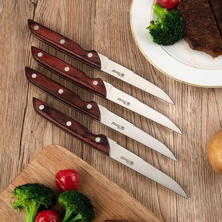 4PCS Professional Steak Knives Set with Sharp Serrated Blade and Natural  Wooden Handle, Perfect for Home and Restaurant Use