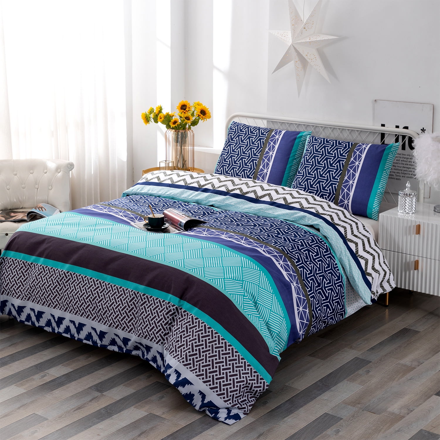 3-Piece Luxury Duvet Cover Set,2 Sides Printed Bedset Skyblue &Mint