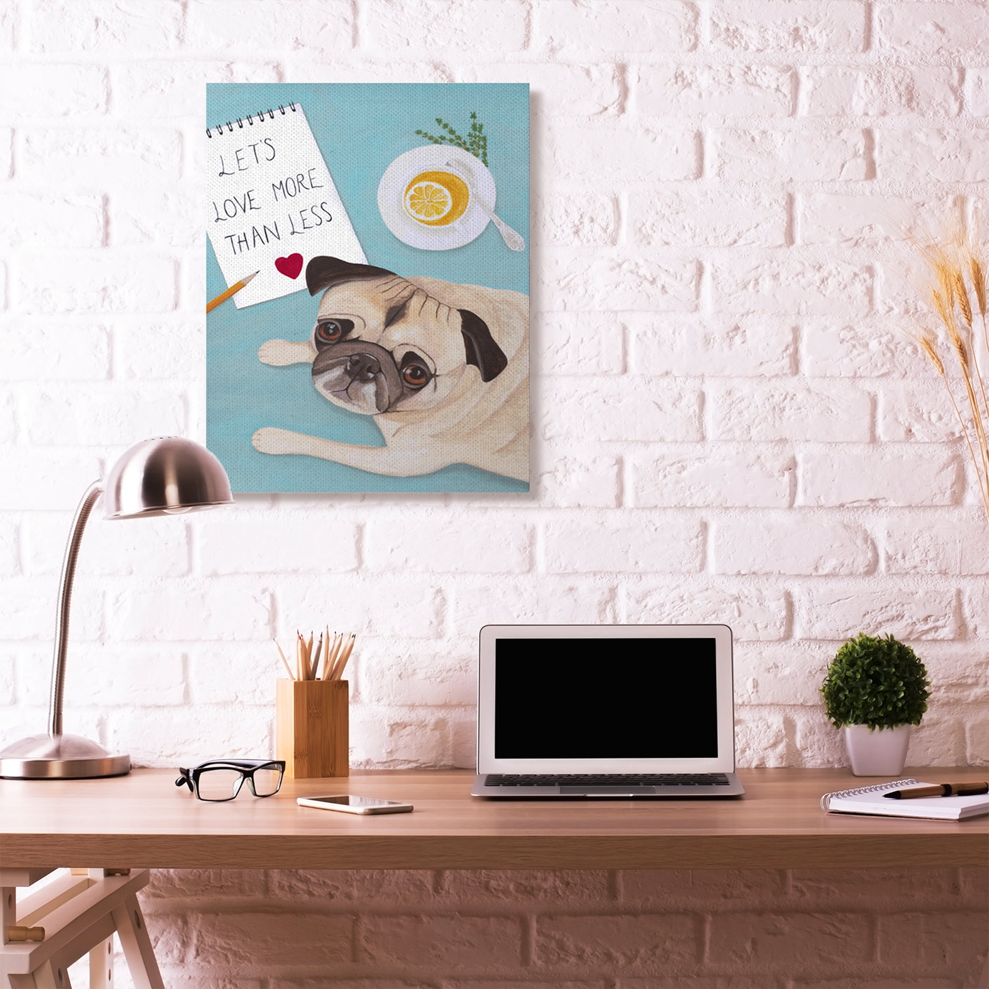 Stupell Home Décor Love More Pug with Tea Dog Painting Canvas Wall Art by Sally B