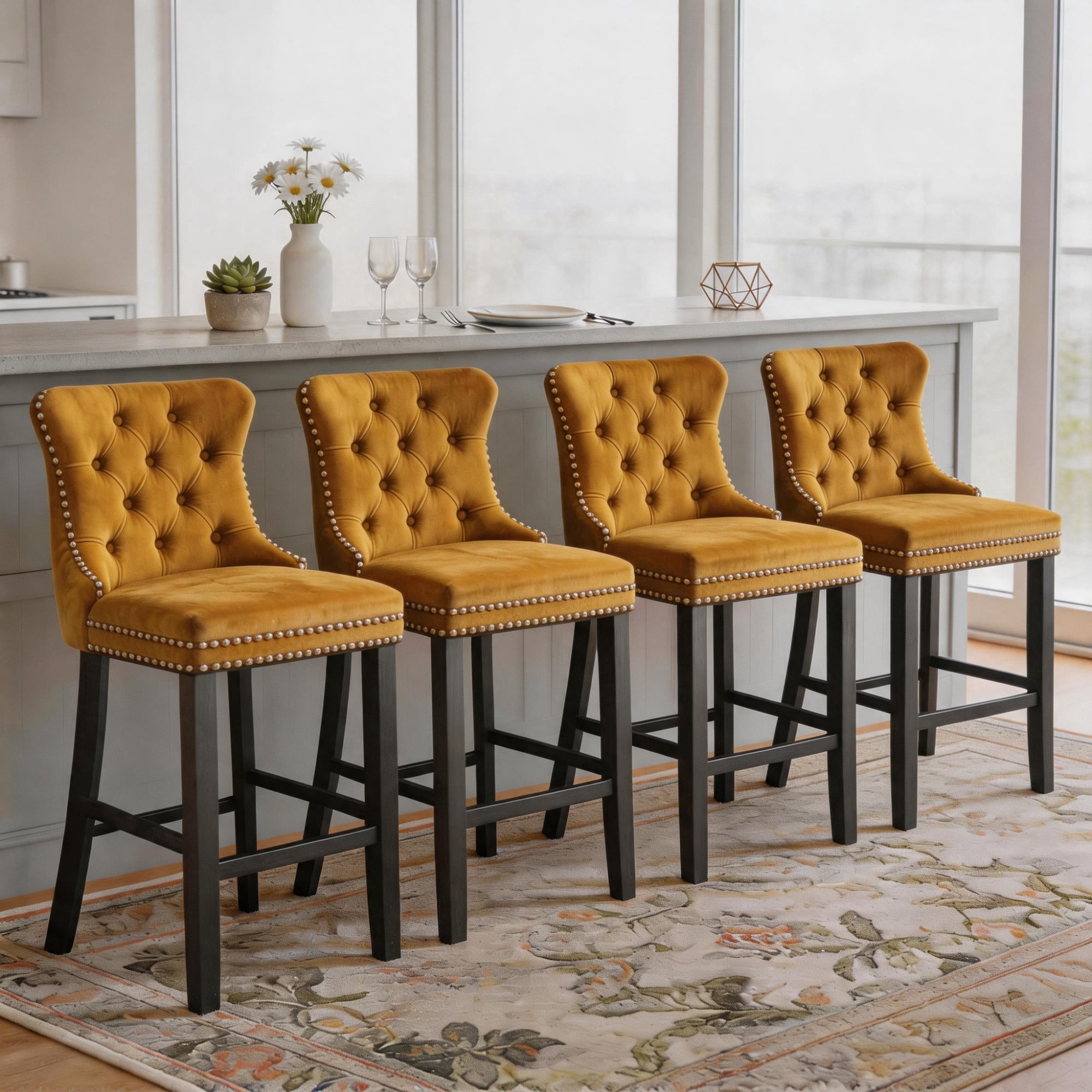 DONICK Velvet Counter Height Bar Stools Set of 4,Button Tufted Back Bar Chair Nailhead Back Pull Tab Wooden Leg(Yellow)