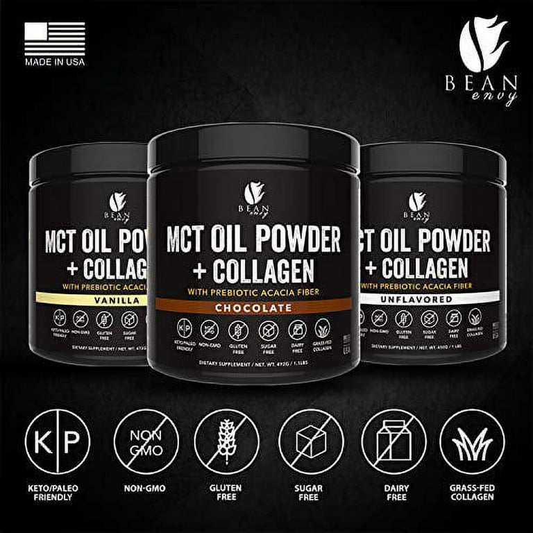 Bean Envy MCT Oil Powder with Collagen and Prebiotic Acacia - Pure MCT's -  Perfect for Keto - Energy Boost - Nutrient Absorption - Appetite Control -  Healthy Gut Support - Chocolate 