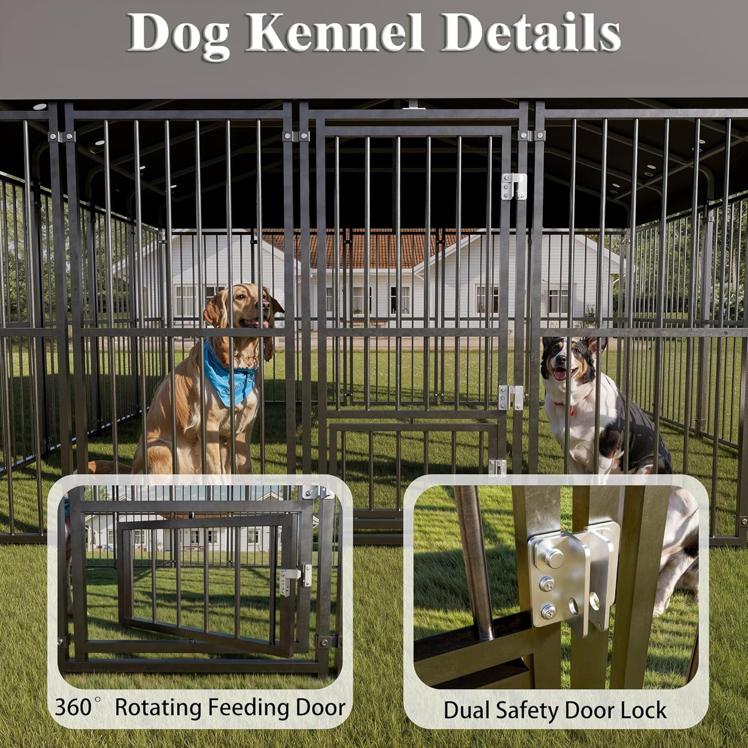SnugVista 10x10FT Dog Kennel Outdoor, Heavy Duty Large Dog Cage with Gray Roof, Escape-Proof Double Locks & Swivel Feeding Door, Galvanized Metal Dog Run Enclosure for Outside House