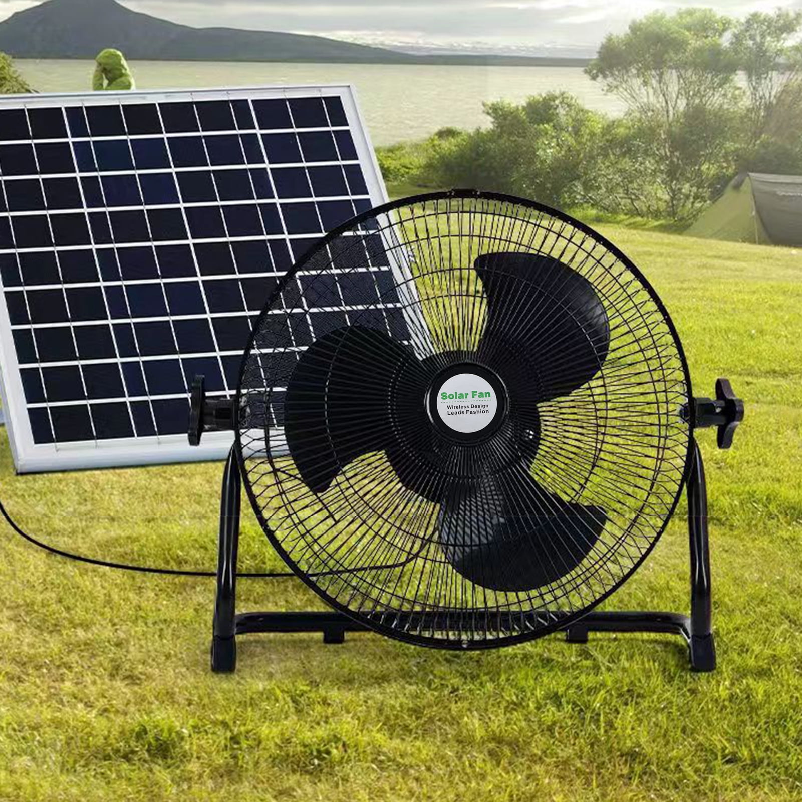 Fyydes 12 Inch Quiet 3 Speed Table Fan with 10000mah Solar Panel Powered and AC Charger  Input, Floor Fan High Velocity for In/Outdoor