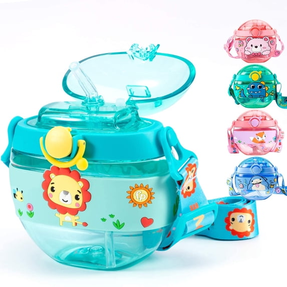Kids Water Bottle with Straw BPA Free Water Bottles with Leak Proof Lids and Shoulder Strap Baby Sippy Cups Girls Boys for School Portable Reusable Carton Cute Donut Drink Bottle 14Oz,Green Lion