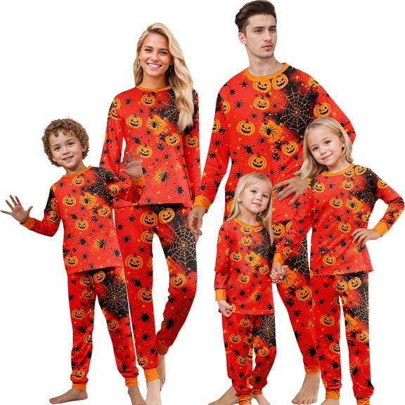 Mfakffe Halloween Pumpkin Spider Family Matching PJs Long Sleeve Crew Neck 2-Piece Loungewear Sets Soft Stretch Halloween Printed Home Sleep Outfits