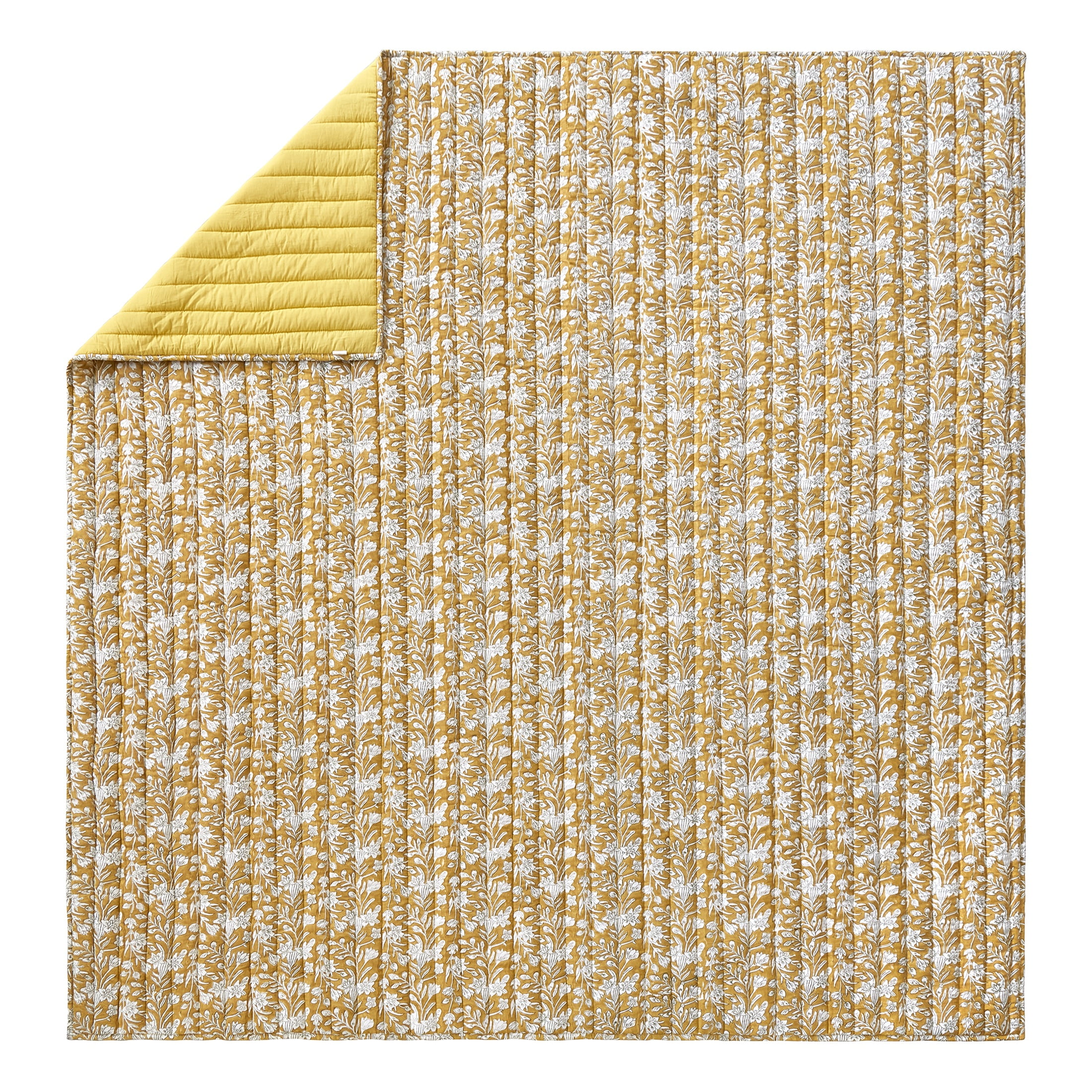 Laurel & Mayfair Block Print Sketched Floral Gold 3-Piece Cotton Voile Quilt Set, Full/Queen