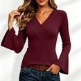 thumbnail image 6 of CQONEPT Womens Ribbed Knit Bell Sleeve Tops Plain Slim Fit V Neck Blouses Dressy Casual Going Out Shirt Tees Daily Wear Work Office Fall Outfits S, 6 of 7