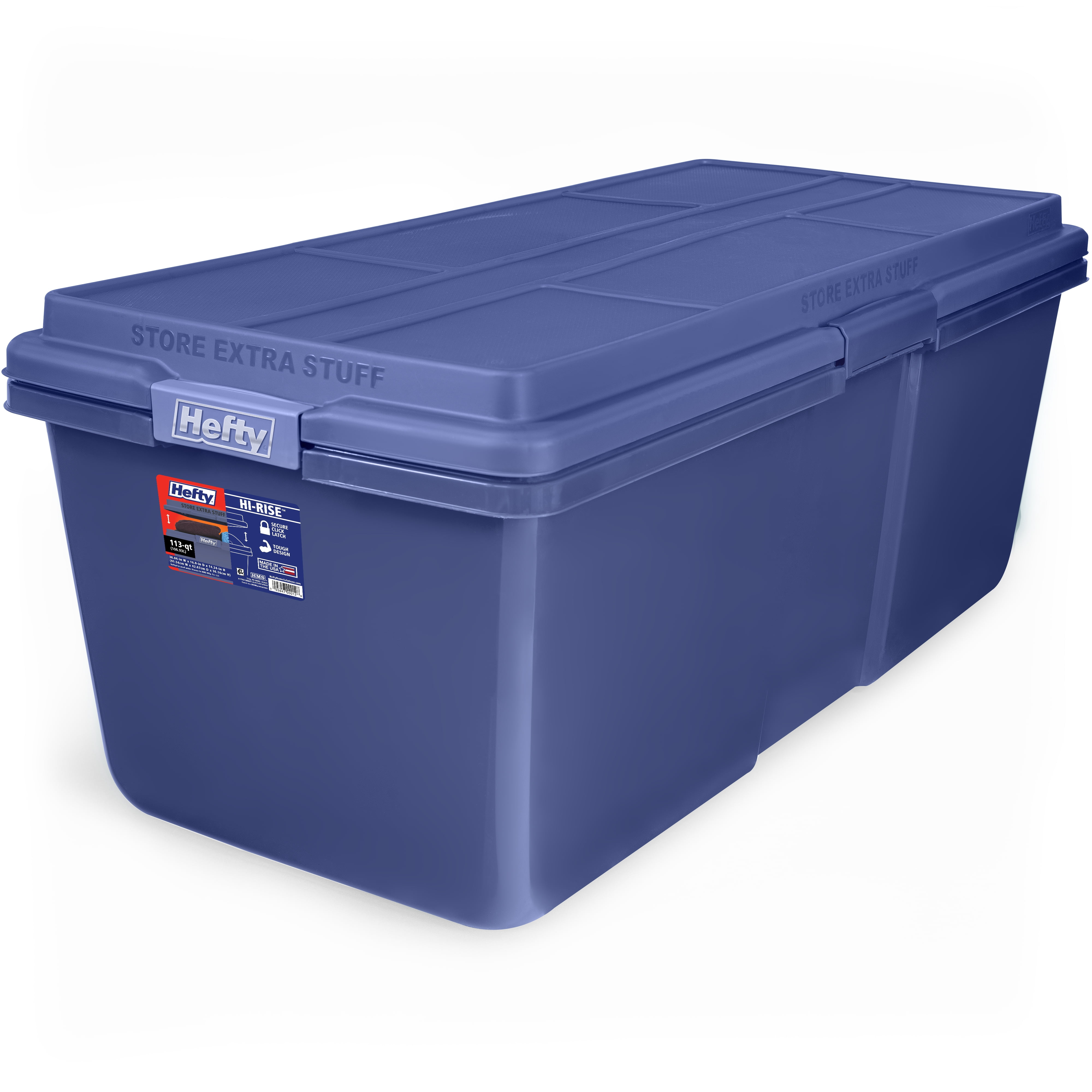 Hefty HI-RISE 28 Gallon Large Latching Storage Bin, Plastic Latched Storage Container with HI-RISE Lid, Blue
