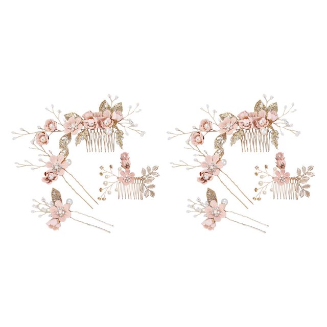Sonducket 4 Uds peinetas de flores de boda conjunto elegante hermoso tocado de novia adorno de vestir femenino accesorio de joyería de moda rosa Rosado 2Conjunto