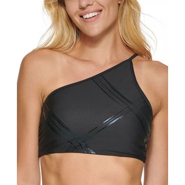 Calvin Klein JUMBO PLAID BLACK Plaid One-Shoulder Bikini Swim Top, US X-Large