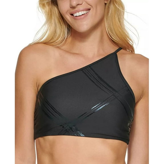 Calvin Klein Womens Bikini Top One-Shoulder Swimsuit Plaid Black Medium New