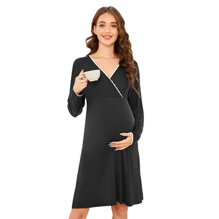 

SpringTTC Women s Maternity Long Sleeve V Neck Nursing Breastfeeding Sleepwear Dress