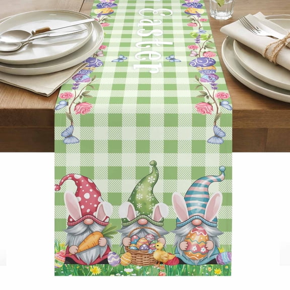 Easter Bunny Gnomes Table Runner - 70 Inch Long, Kitchen Dining Table Runner Dresser Scarves, Spring Easter Eggs Floral Sage Green Plaid Farmhouse Decor for Coffee Tables Wedding Party Banquet