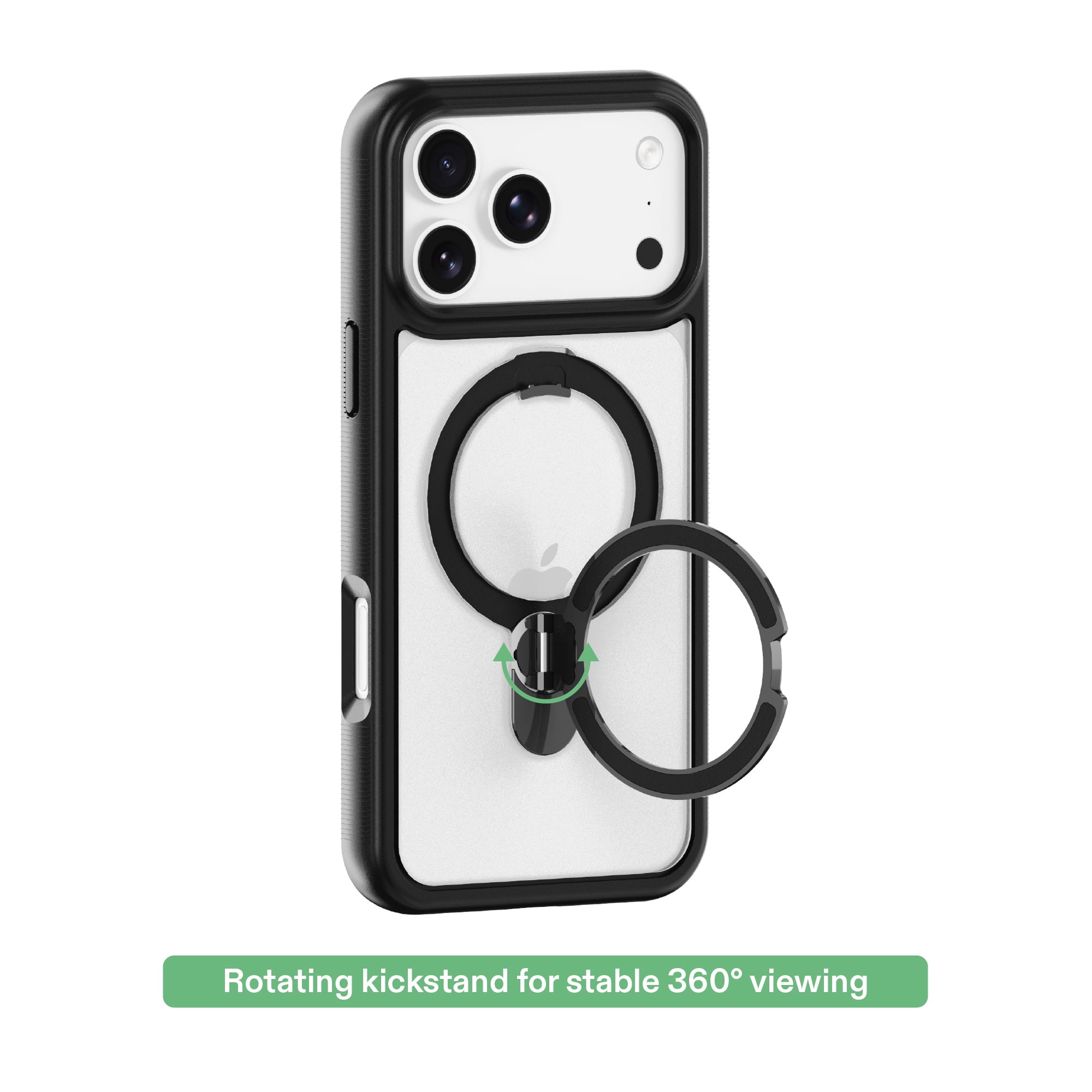 onn Phone Case with Ring Kickstand for iPhone 18 Pro Max / 17 Pro Max, MagSafe Compatible, Rotating Kickstand - Frosted Clear/Black