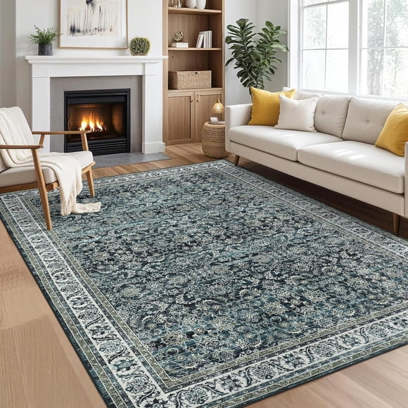 YUSAZENS Tapis Vintage Floral Lavable 2 x 6 pour Salon, Grand Tapis Doux pour Chambre, Tapis de Sol Rétro Classique Antidérapant à Poils Courts pour Salle à Manger, Tapis Intérieur Style Ferme Vert