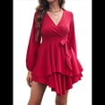 thumbnail image 3 of Vestido Corto de Mujer, Larga, Escote en V Profundo, Cintura con Lazo y Volantes, Estilo . Rojo Vino L, 3 of 10