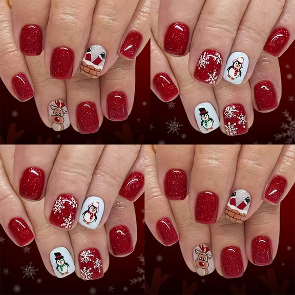 Holiday Glitters Press On Nails Snowflake Red Glossy Square Tips 48Pcs NonToxic ABS Fake Nails for Party Manicure