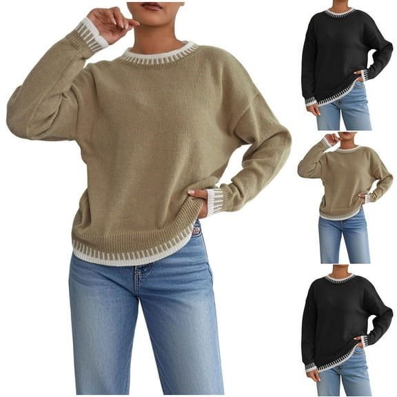 Nmnitkp Sweaters for Women Casual Solid Color Round Neck Fashion Long Sleeved Pullover Sweater Keep Warm Top Khaki,L