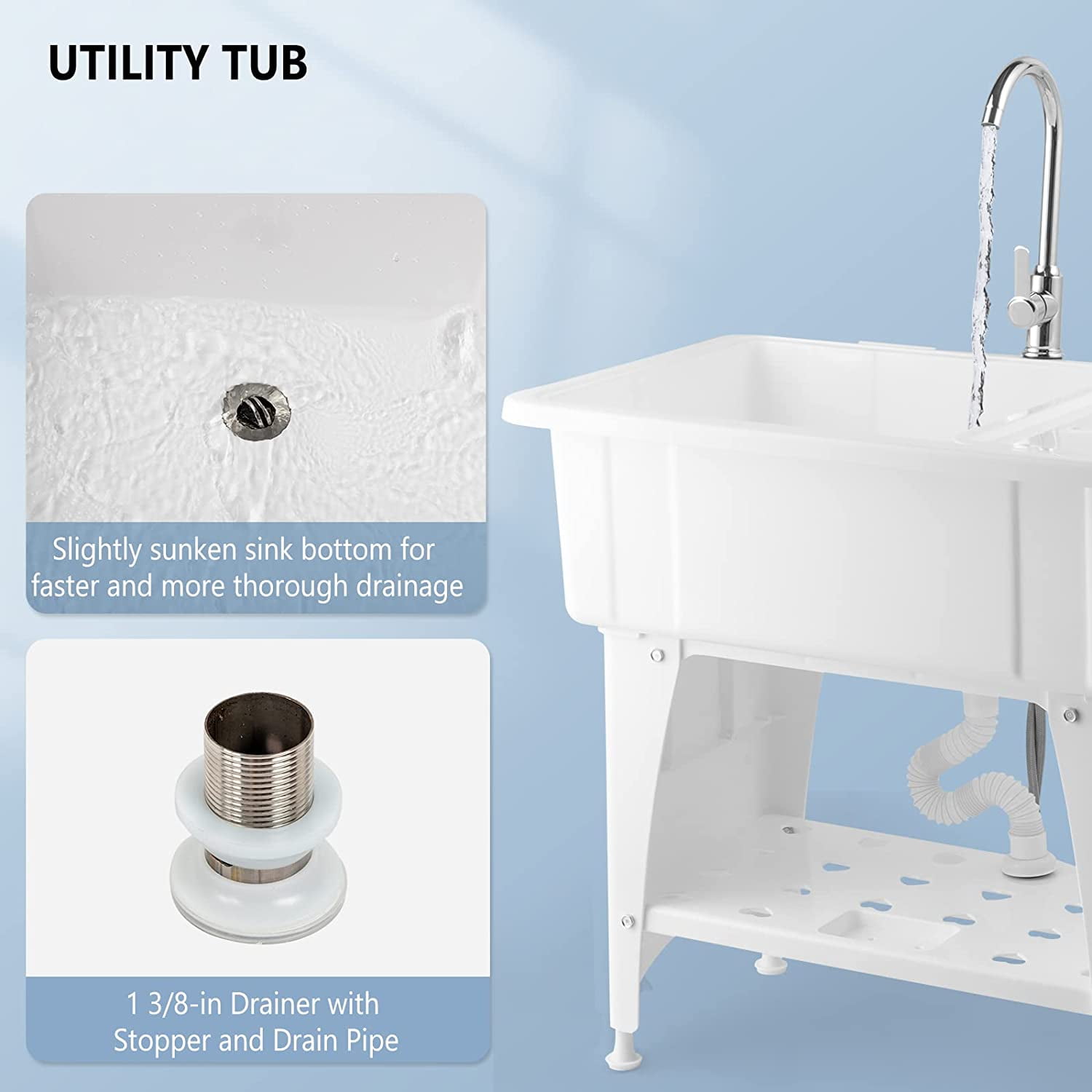 VINGLI Utility Sink Laundry Tub for Washing Room, Freestanding Utility Sink with Stainless Steel Faucet, (White, 19.7"W x 18.9"D x 33"H)
