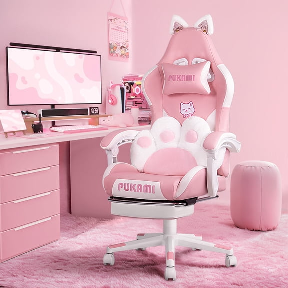 PUKAMI Gaming Chair with Cat Ears and Cat Paw Lumbar Cushion, Ergonomic Gaming Computer Desk Chair with Footrest and Linked Armrests, Comfortable Cute Cat PU Leather Game Chair