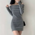 thumbnail image 4 of Aellinatey Trendy off Shoulder Sweater Mini Dress Solid Color Long Sleeve Knit Dresses, 4 of 16