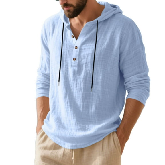 ZCFZJW Linen Hoodie T-Shirts for Men Lightweight Casual Fall Long Sleeve Quarter Button up Drawstring Hooded Pullover Sweatshirs Tops Light Blue XXL