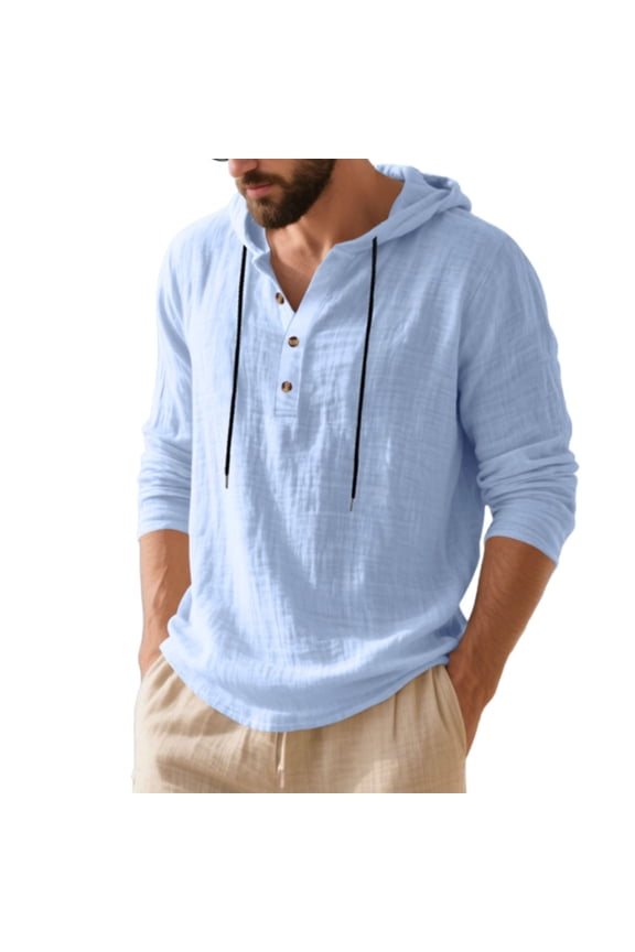 Linen Hoodie T-Shirts for Men Lightweight Casual Fall Long Sleeve Quarter Button up Drawstring Hooded Pullover Sweatshirs Tops Light Blue L