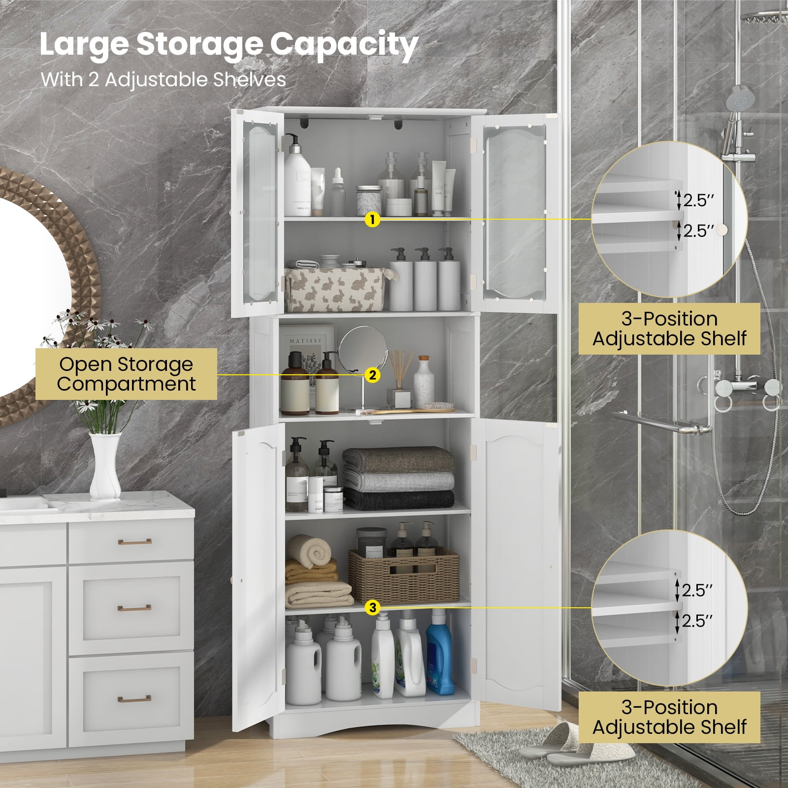 Giantex 64.5" Tall Bathroom Storage Cabinet, Freestanding Linen Cabinet, Kitchen Pantry Cabinet, White