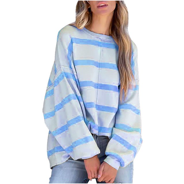 Pompotops Femmes Pull Col Rond Tops de Mode à Rayures Imprimé Manches Longues Casual Tops Dégagement