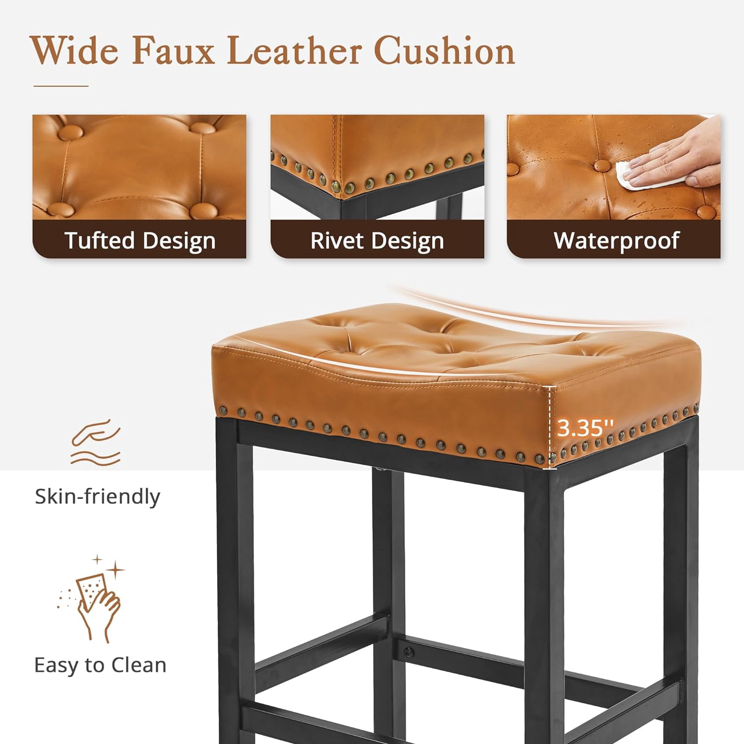 Dycanpo 24” Saddle Bar Stools Set of 3 with Modern Metal Legs, for Home Kitchen, Whiskey Brown